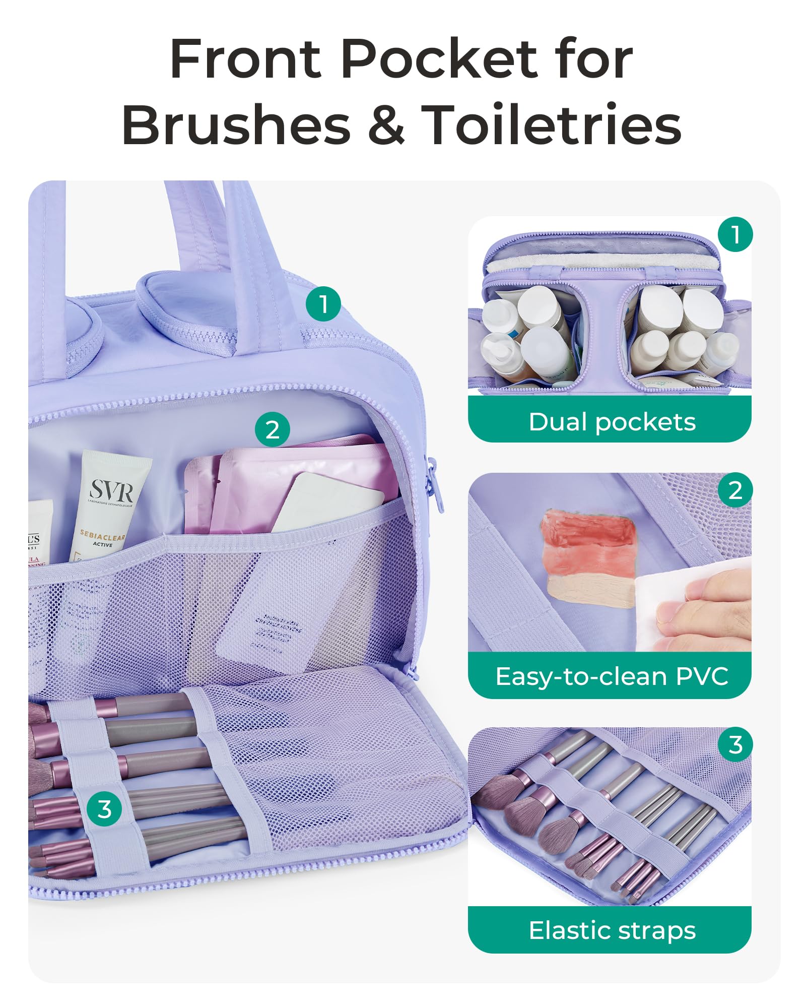 BagSmart travel toiletry bag dry-wet front pocket demonstrates easy clean separation for travel days