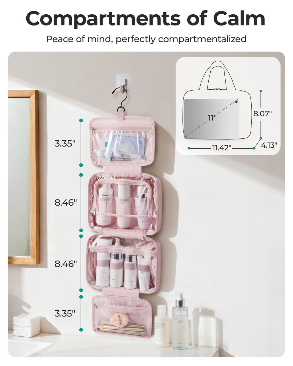 BAGSMART travel toiletry bag hanging on hook for compact bathroom setup