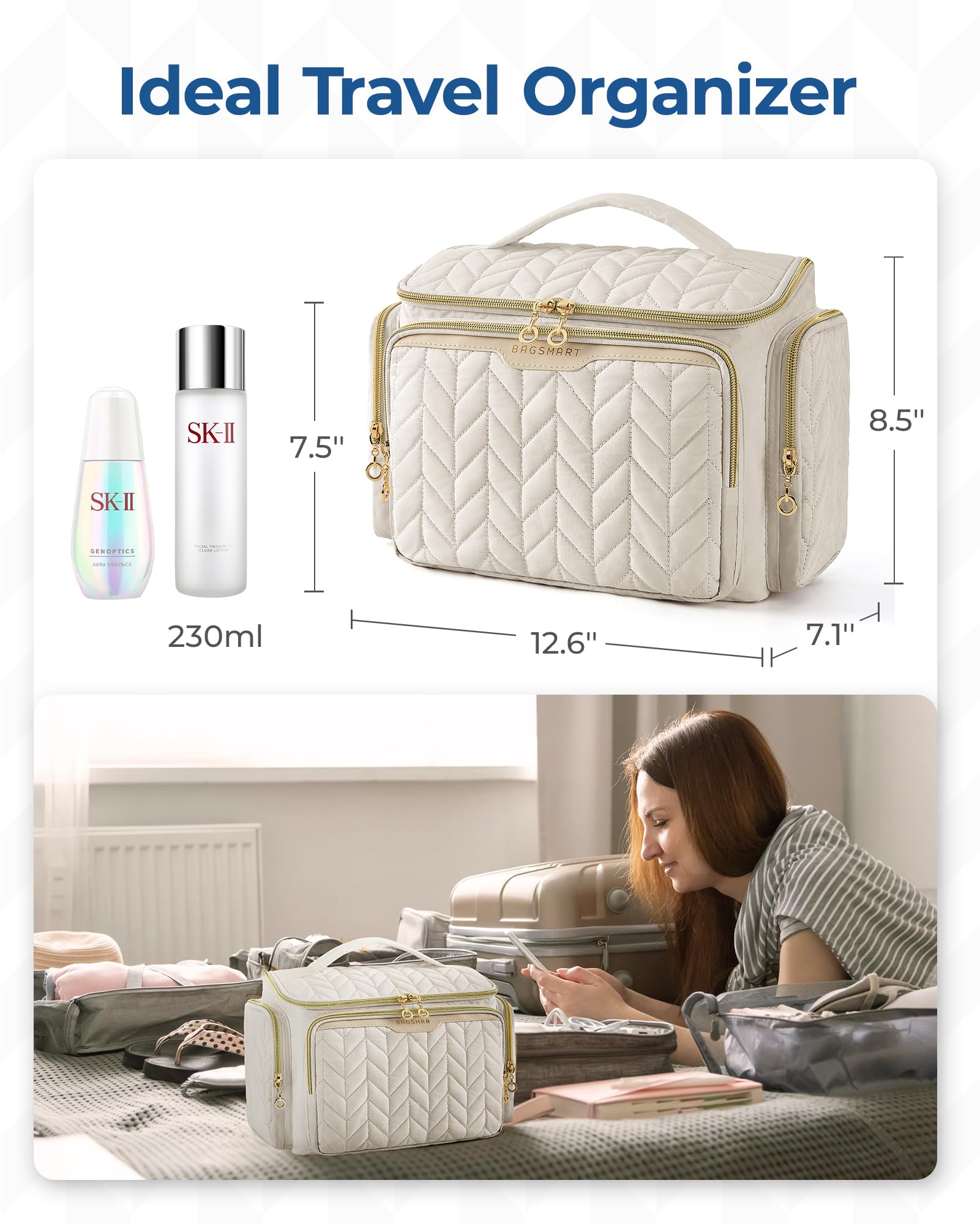 BAGSMART travel toiletry bag front view shows organized layout and sturdy build