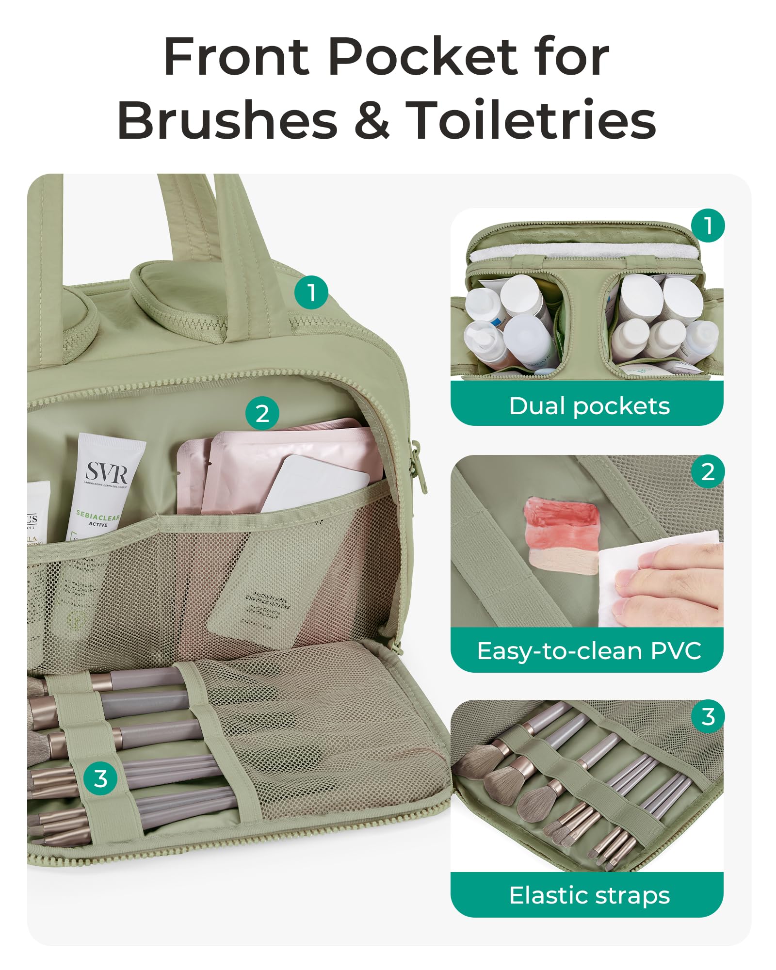 BAGSMART Travel Toiletry Bag green compartments help you organize essentials neatly when traveling.
