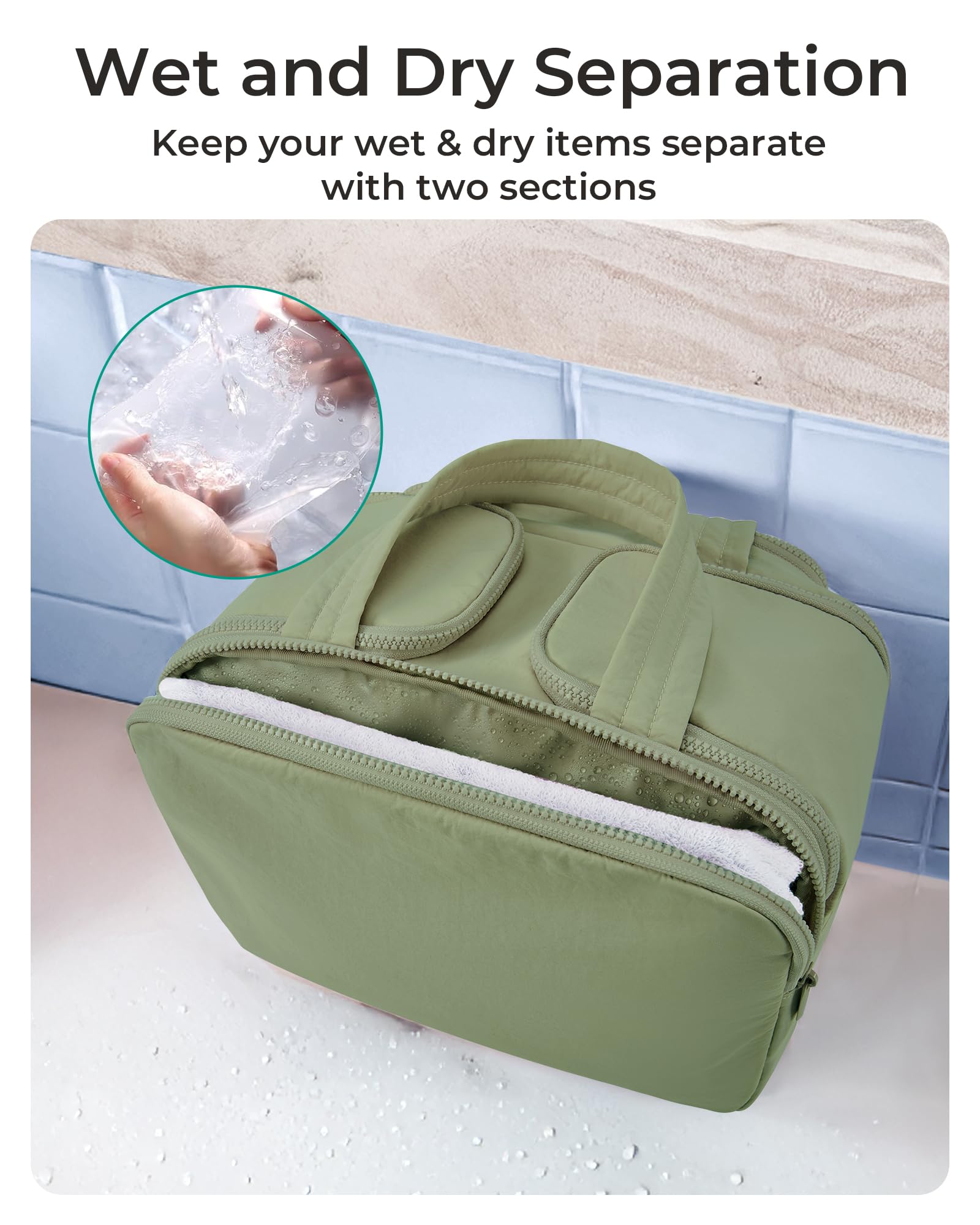 BAGSMART Travel Toiletry Bag green handle enables easy carry through airports and hotel stays.