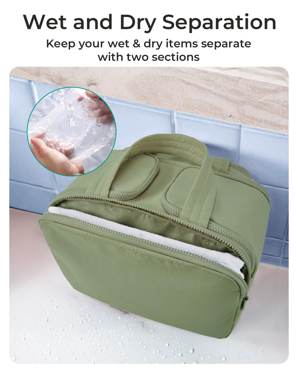 BAGSMART Travel Toiletry Bag green handle enables easy carry through airports and hotel stays.