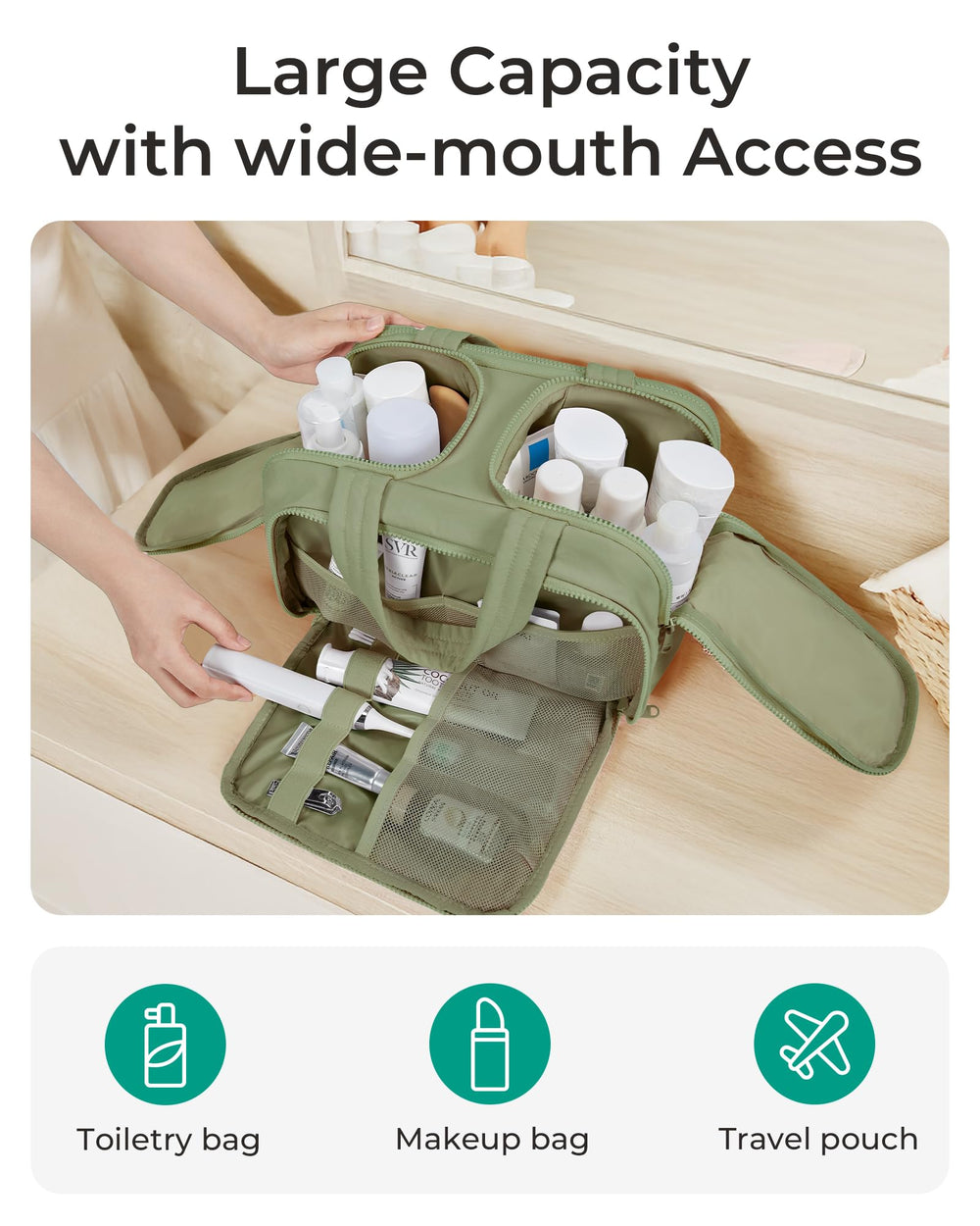 BAGSMART Travel Toiletry Bag green top opening facilitates easy access to cosmetics and accessories.