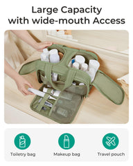 BAGSMART Travel Toiletry Bag green top opening facilitates easy access to cosmetics and accessories.