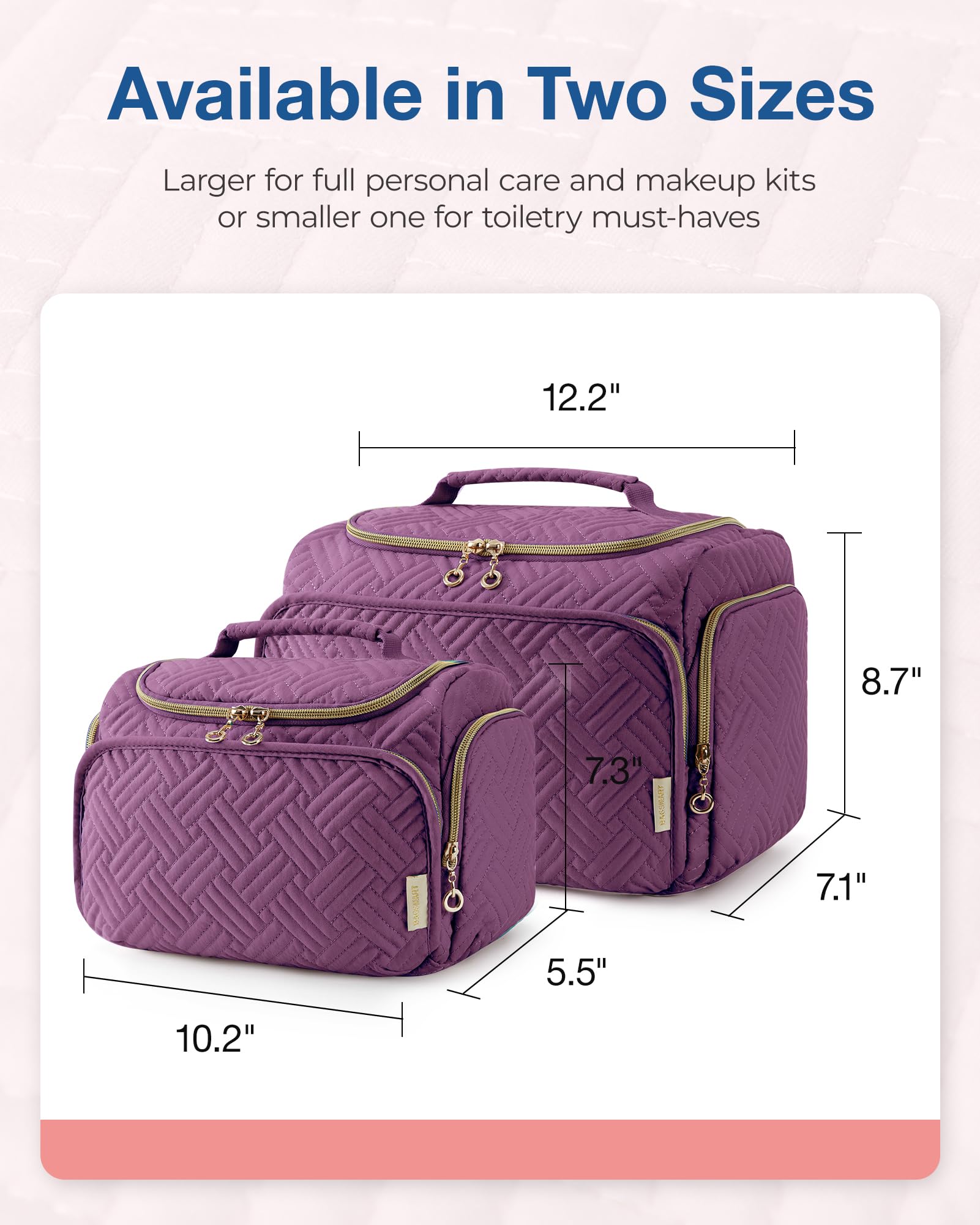 BAGSMART travel toiletry bag handle in purple for on-the-go portability.