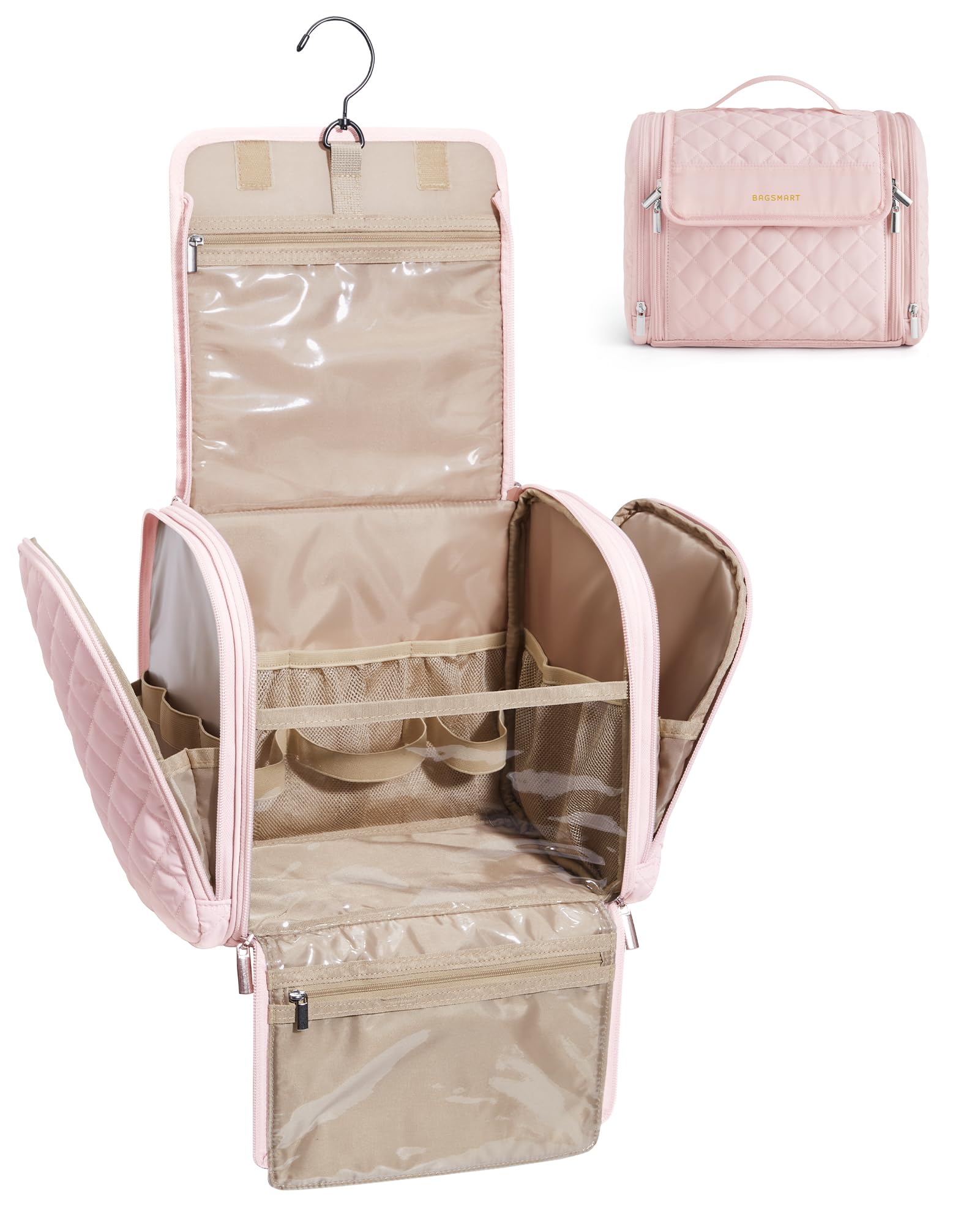 BAGSMART travel toiletry bag with hanging hook for easy bathroom storage.