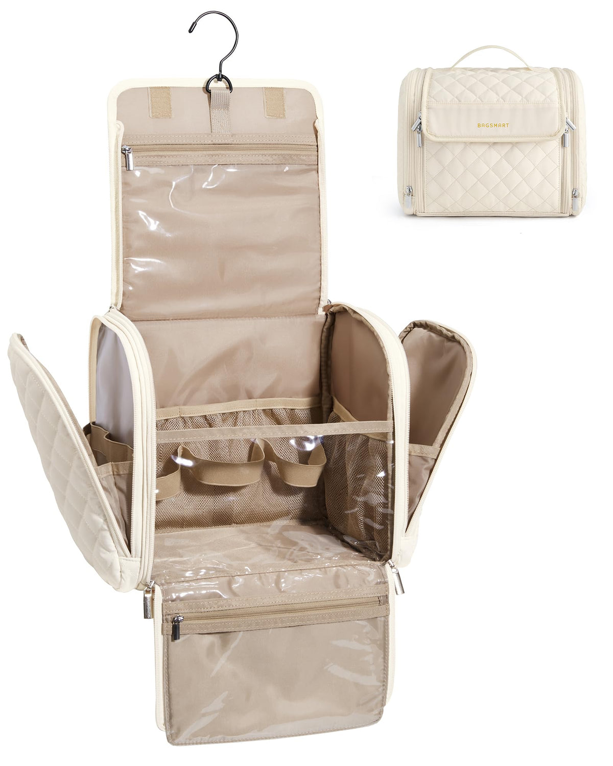 BAGSMART travel toiletry bag with hanging hook for easy hotel room access.