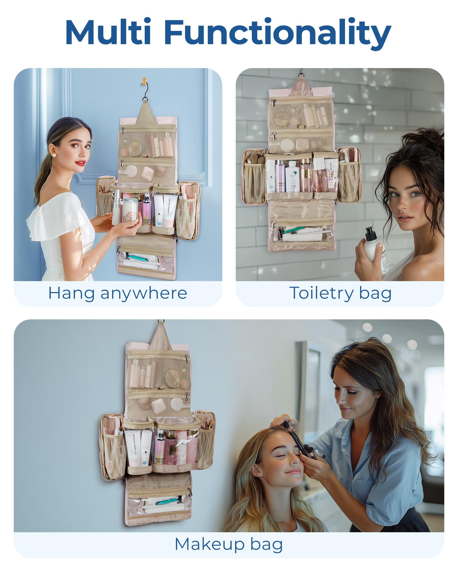 BAGSMART Travel Toiletry Bag hanging-swivel hook supports versatile hanging and easy reach.