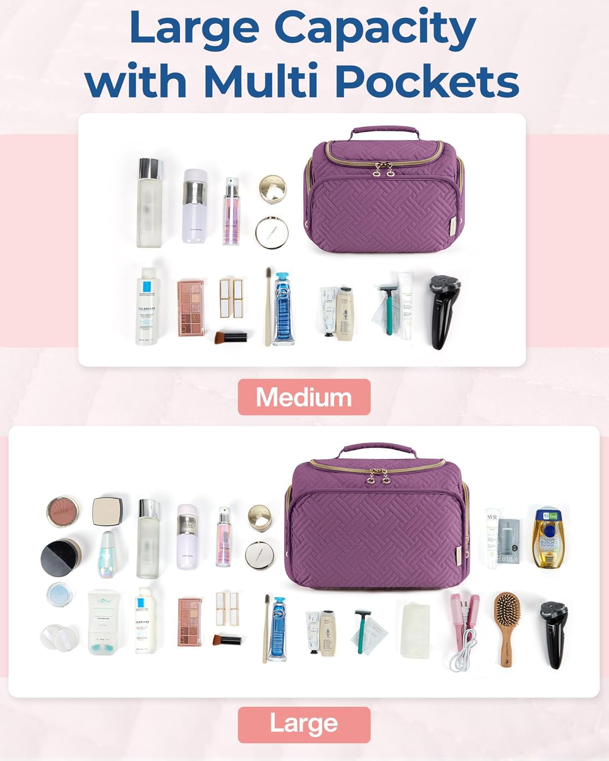 BAGSMART travel toiletry bag inner mesh pockets in purple.