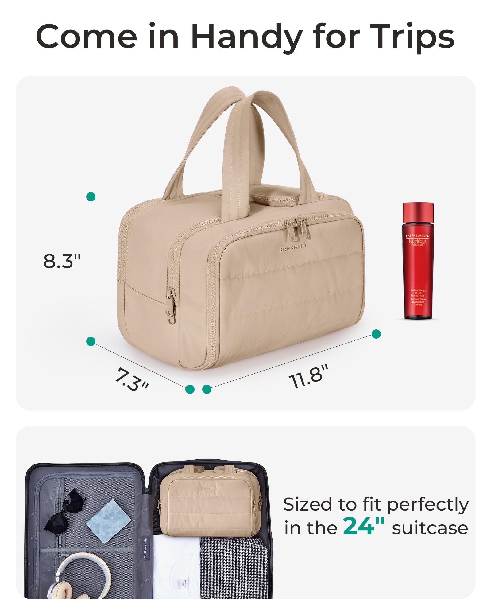 BAGSMART travel toiletry bag interior compartments keep makeup organized during travel.