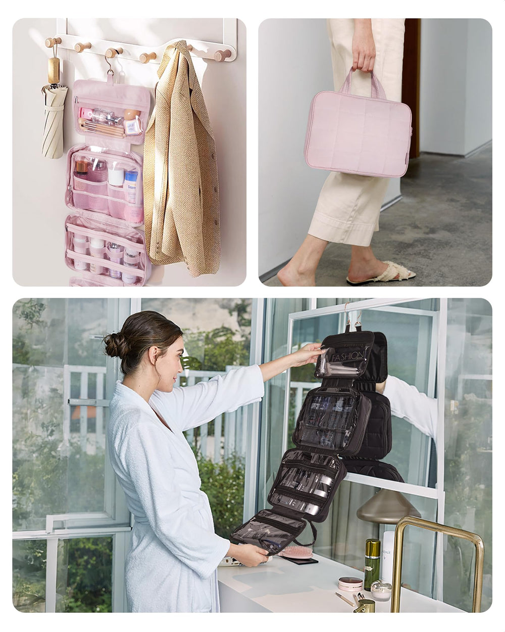 BAGSMART large-capacity travel bag fits toiletries and makeup essentials efficiently