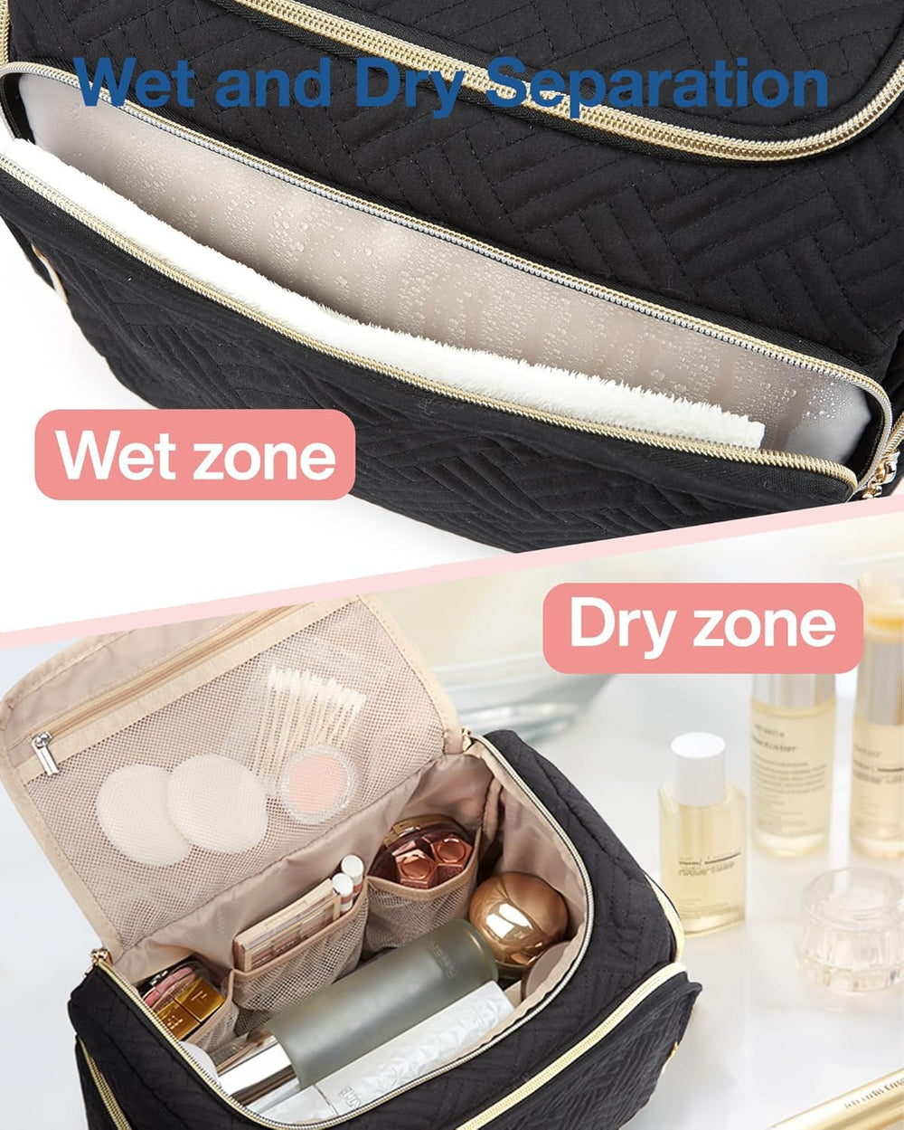 BAGSMART Travel Toiletry Bag interior pockets keep cosmetics neatly separated and accessible