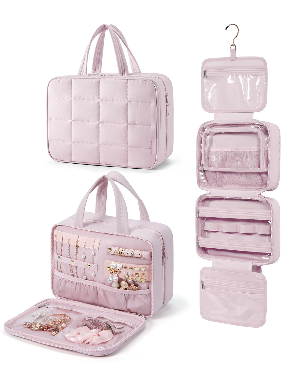 BAGSMART travel toiletry bag with jewelry-compartment keeps jewelry organized during trips.