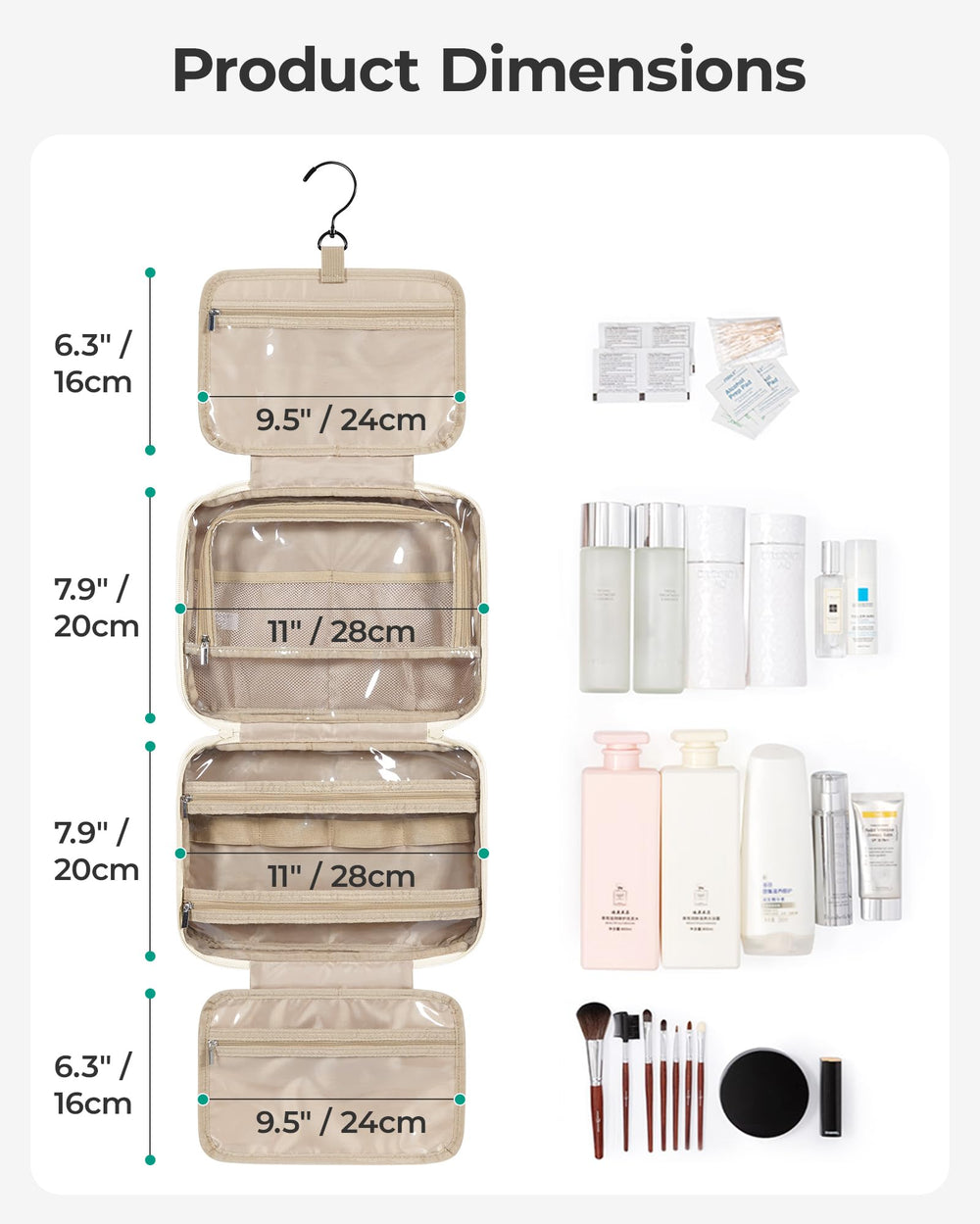 BAGSMART travel toiletry bag shows large capacity for cosmetics and toiletries.
