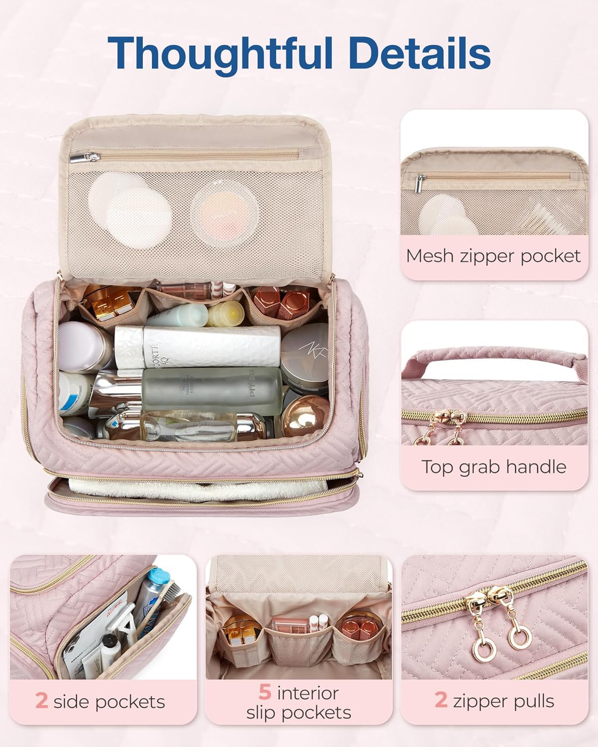 BAGSMART travel toiletry bag with multi-pocket design arranges brushes, bottles, and skincare