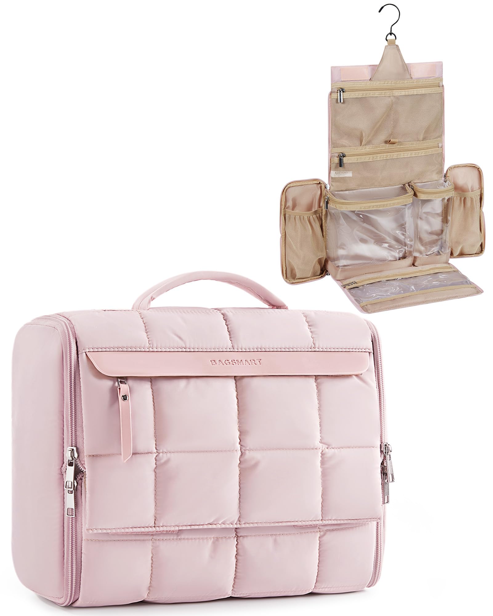 BAGSMART travel toiletry bag pink full-open for easy access and organized cosmetics on the go.