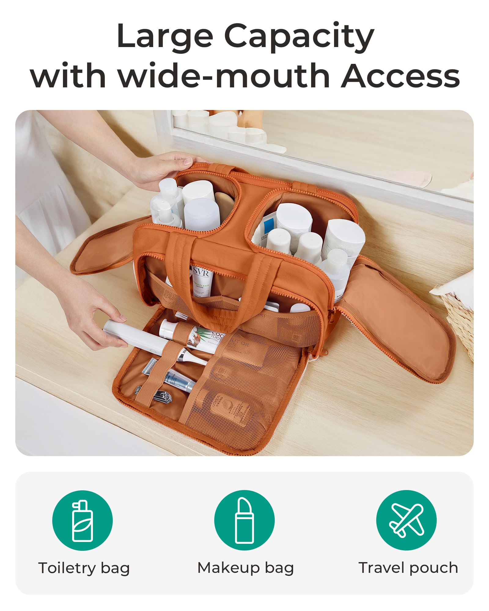 BagSMART standing upright travel bag prevents leaks during transit.