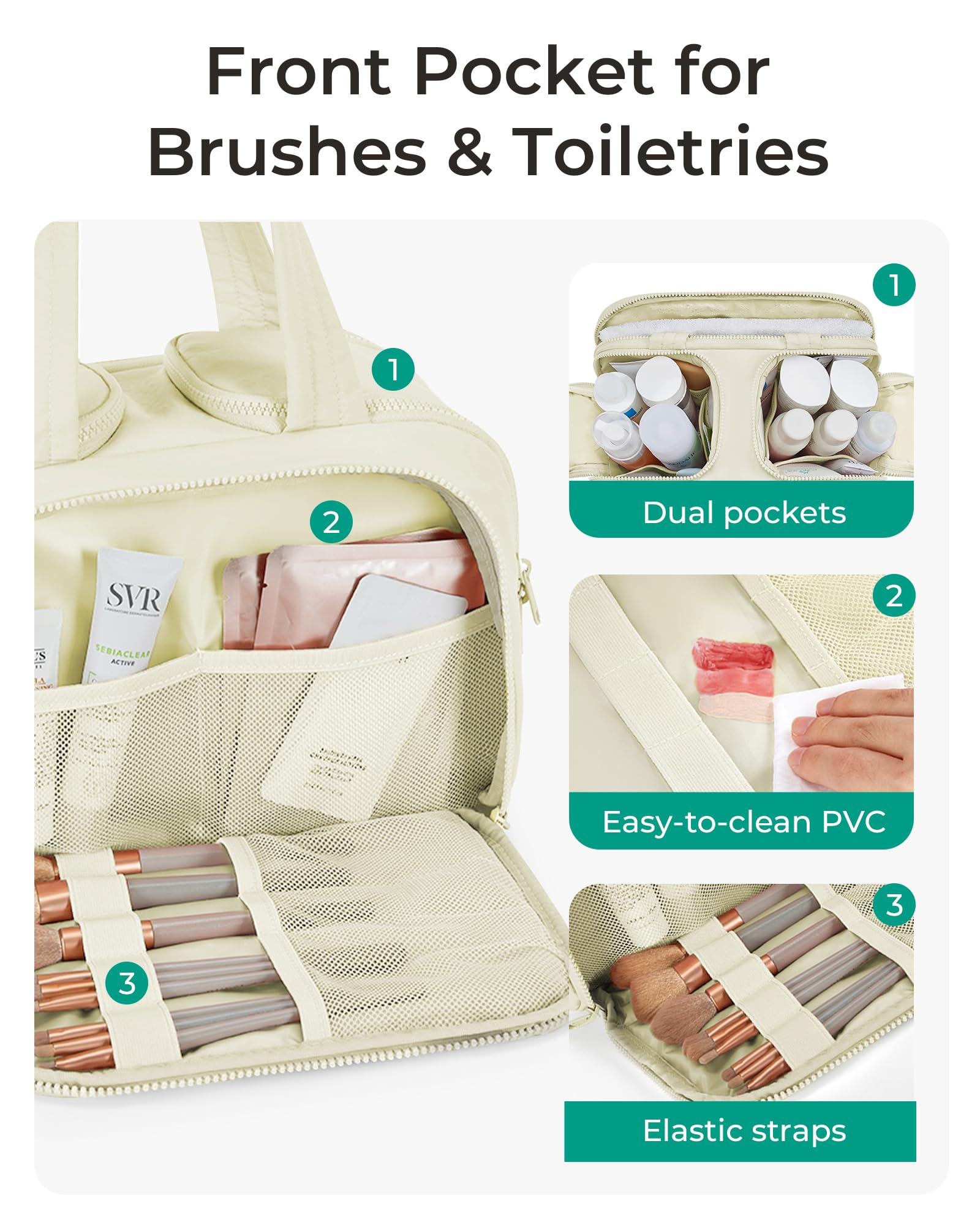 BAGSMART Toiletry Bag waterproof PVC panel highlights dry-wet separation and easy cleaning.