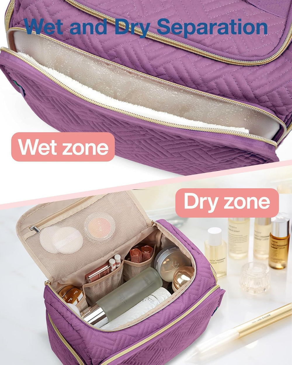 BAGSMART travel toiletry bag wide-open purple for easy access to contents.