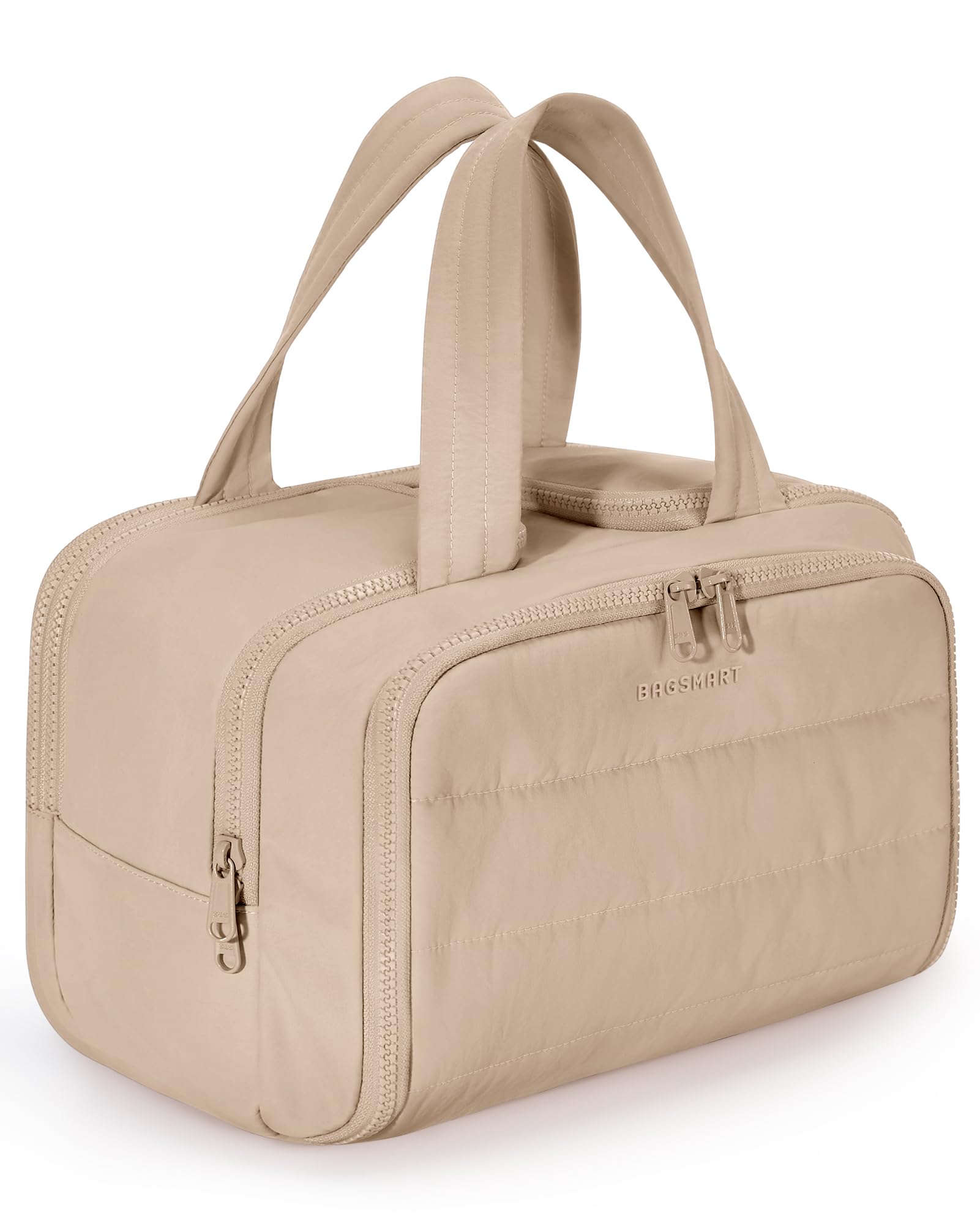 BAGSMART travel toiletry bag wide-open for easy access to cosmetics on the go.