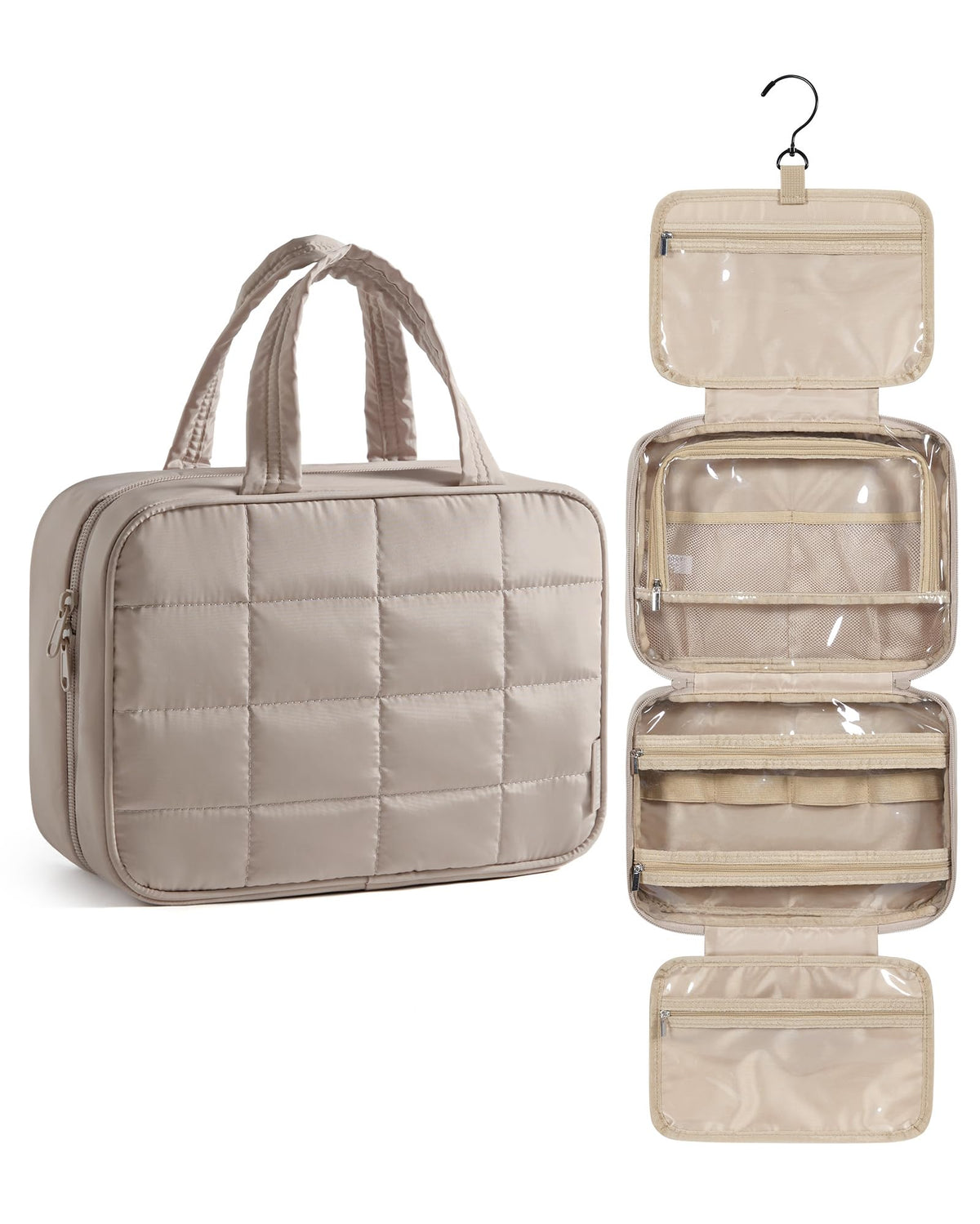 BAGSMART travel toiletry bag in camel with ample storage for cosmetics on weekends.
