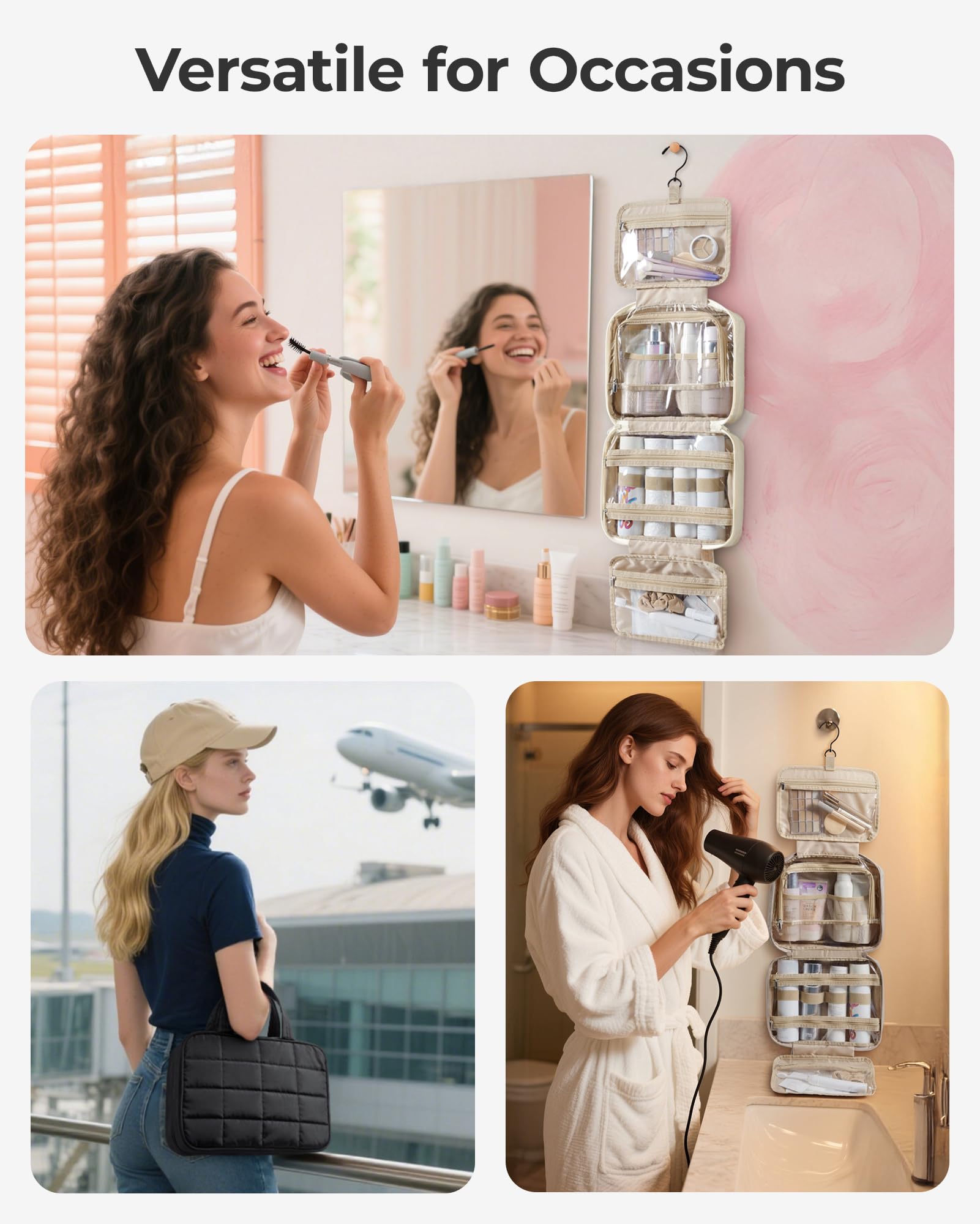 BAGSMART two-way zipper allows quick access to cosmetics and toiletries.