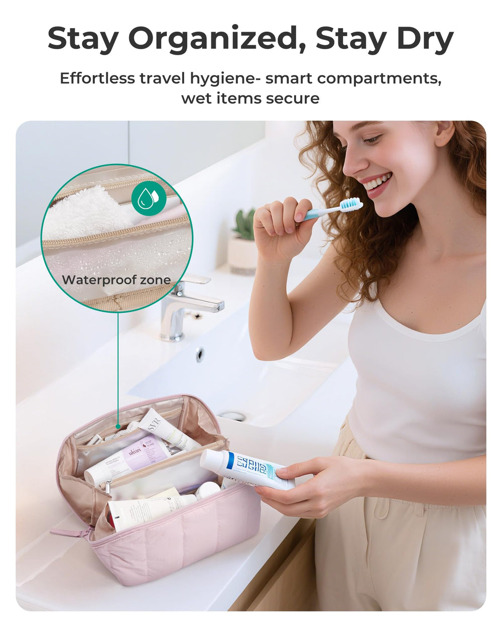 BAGSMART water-resistant cosmetic bag guards contents during travel