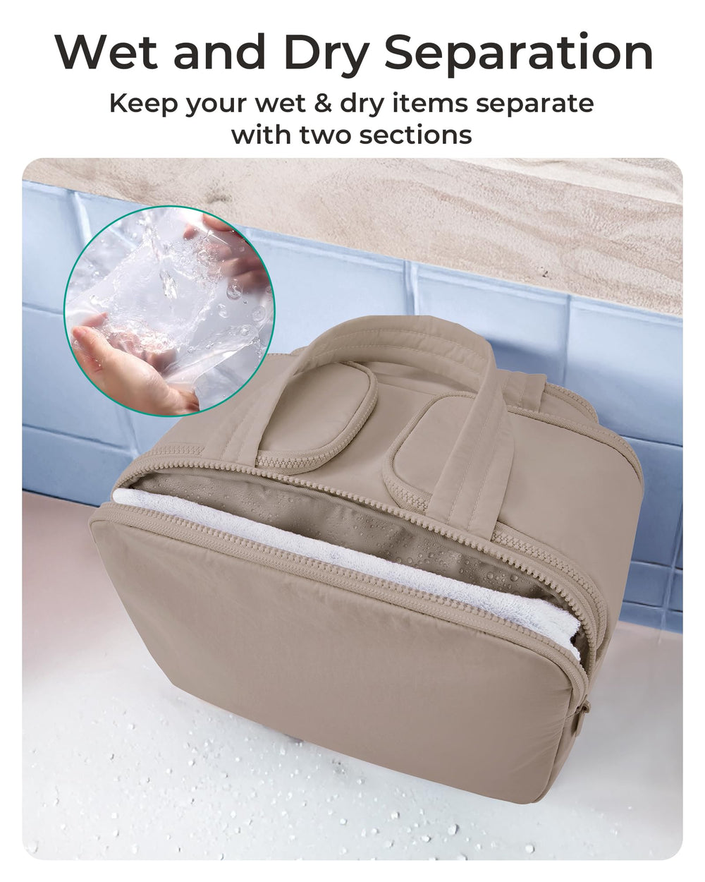 BAGSMART waterproof inner pocket keeps wet items contained and easy to wipe down