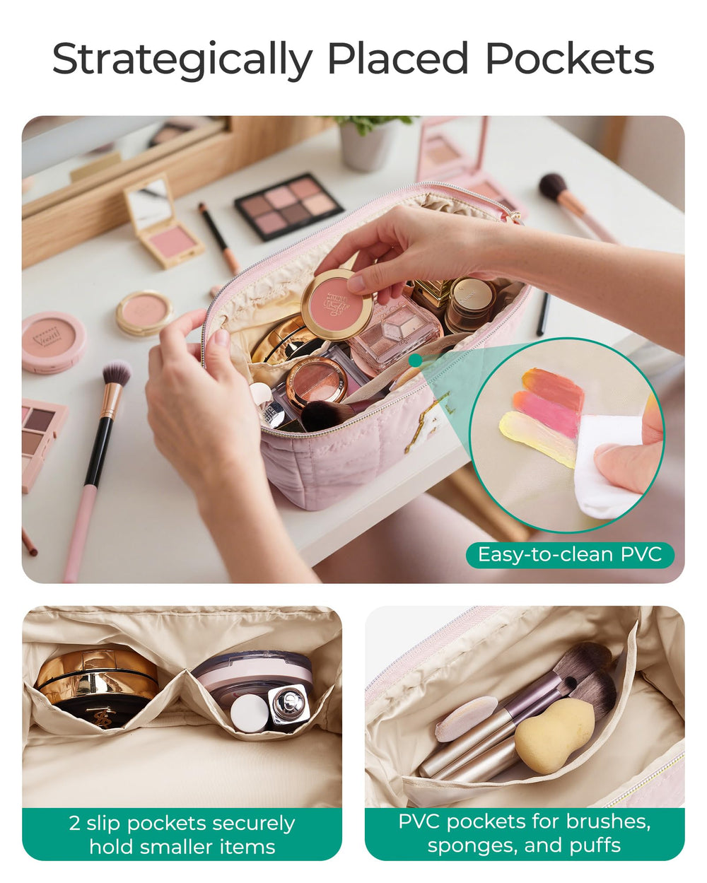 BAGSMART wide-opening makeup bag interior shows handy pockets for cosmetics