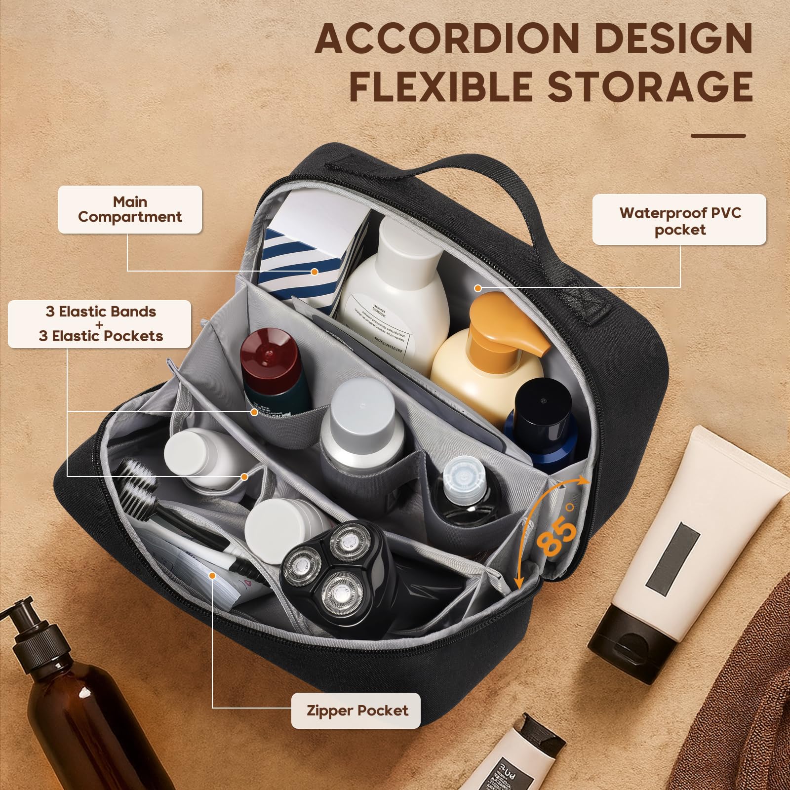 BagUrshion toiletry bag tri-layer secure access for quick items.