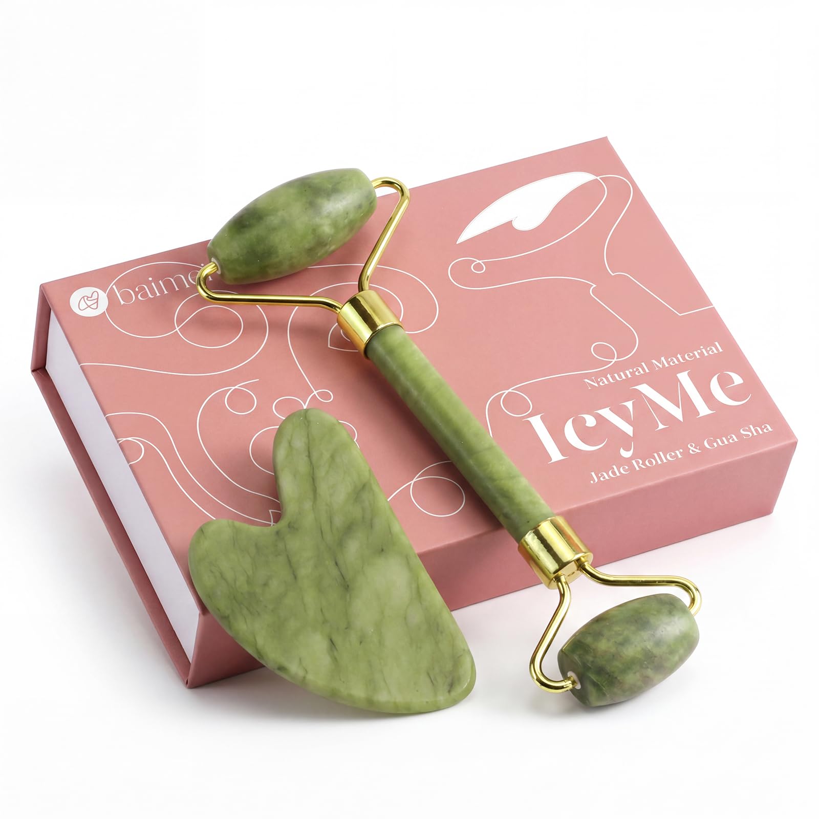 BAIMEI front view of IcyMe jade roller and gua sha set showing both tools, calming self-care