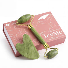 BAIMEI front view of IcyMe jade roller and gua sha set showing both tools, calming self-care
