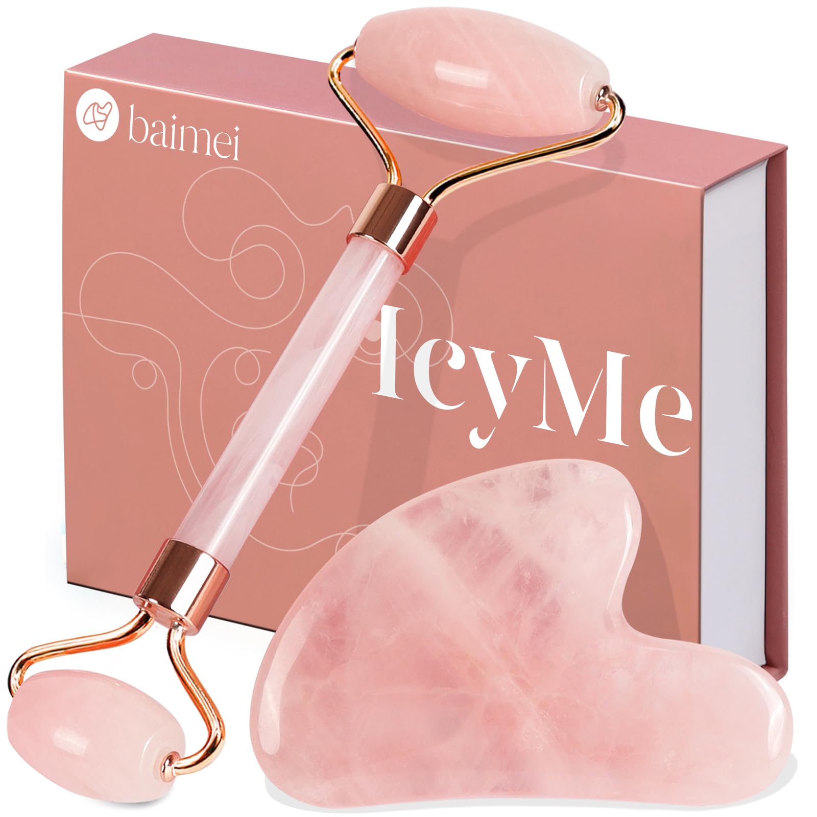 BAIMEI IcyMe jade roller rose quartz closeup for soothing facial massage