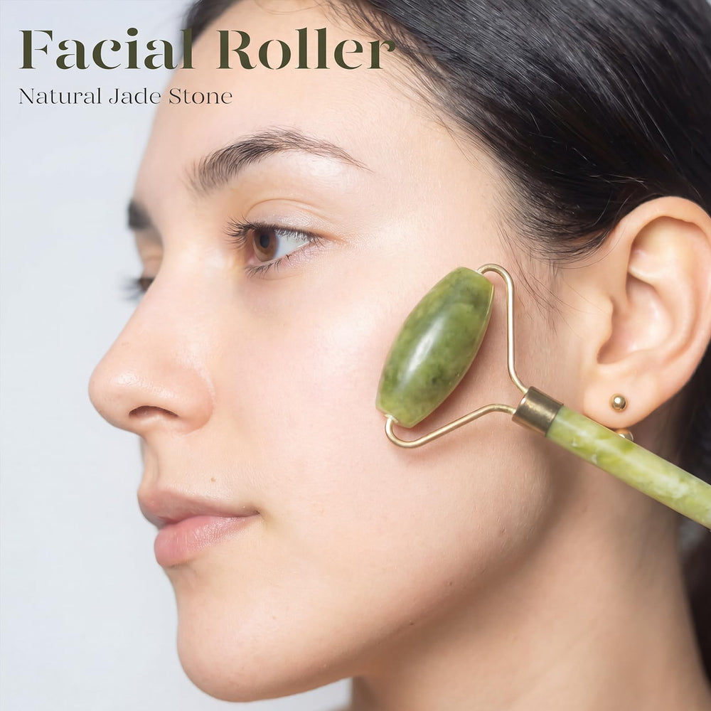 BAIMEI roller and gua sha held in hand for scale showing compact travel-friendly size