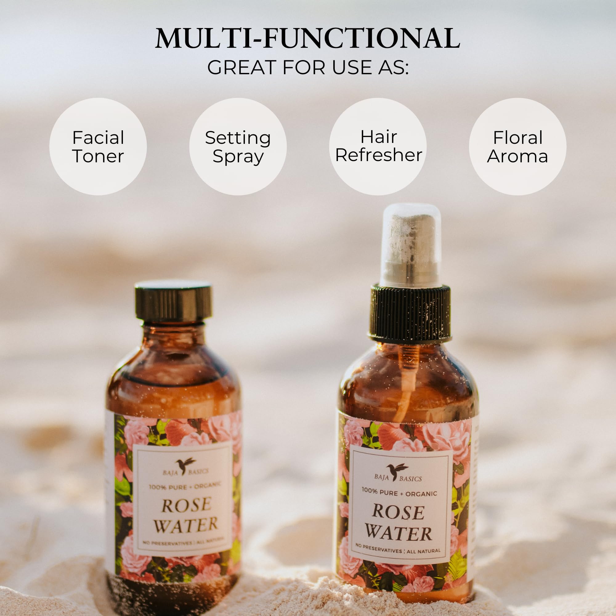 Baja Basics organic rose floral water bottle for refreshing skincare