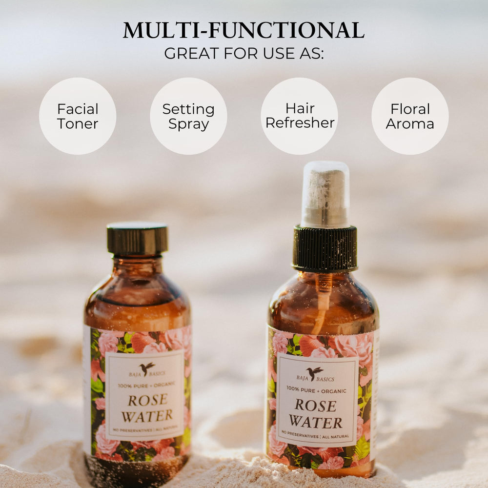 Baja Basics organic rose floral water bottle for refreshing skincare