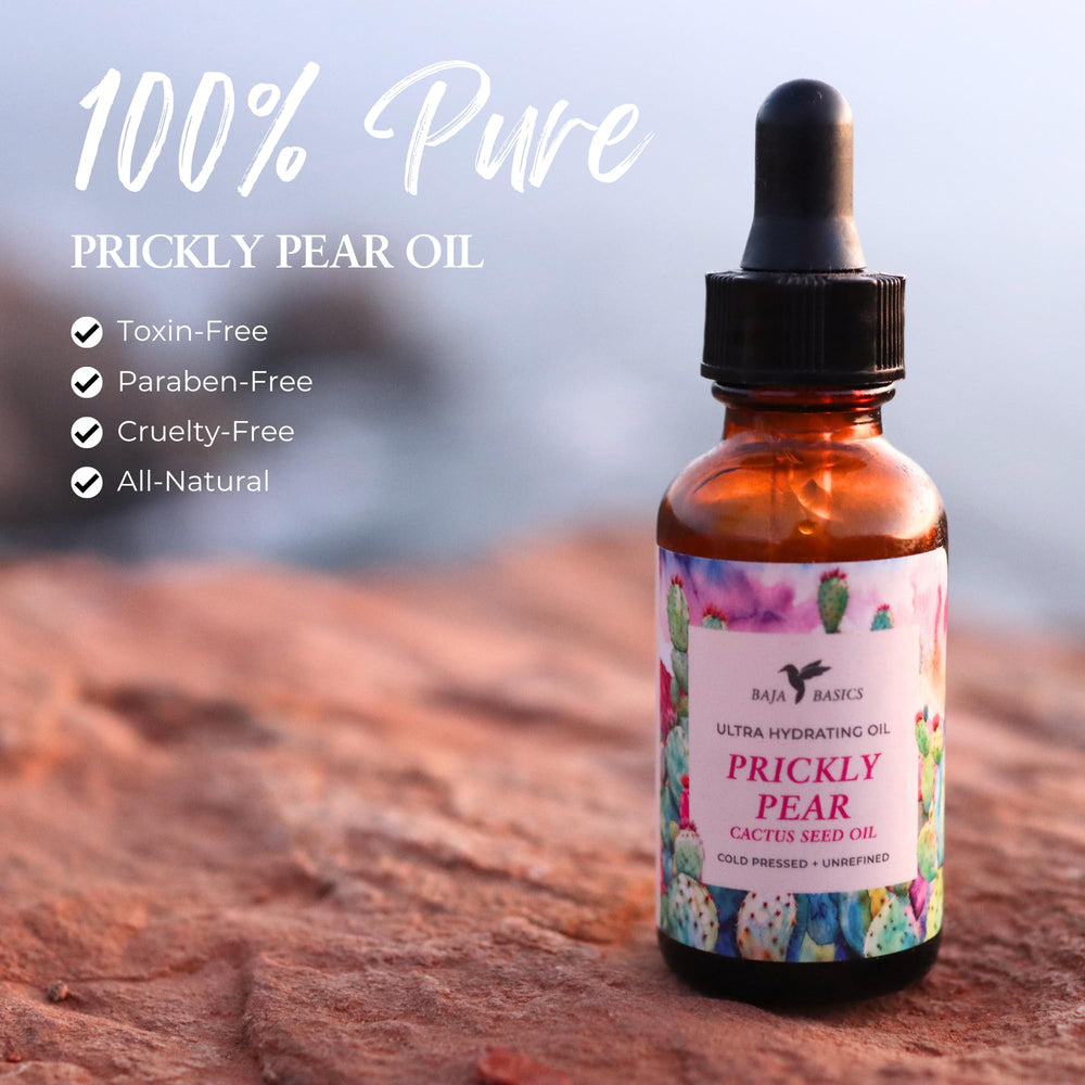 Baja Basics prickly pear seed oil 1oz packaging is travel-friendly.