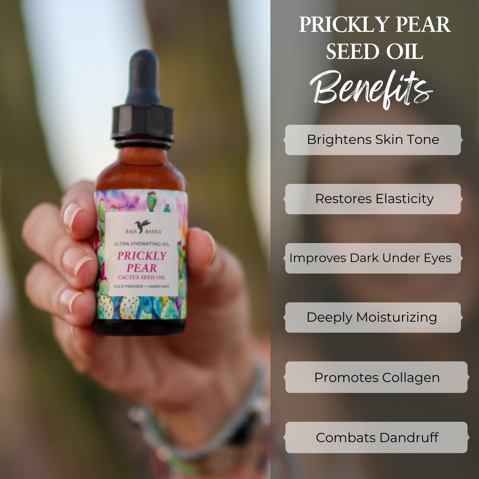 Baja Basics prickly pear seed oil facial oil usage shows smooth, non-greasy hydration.