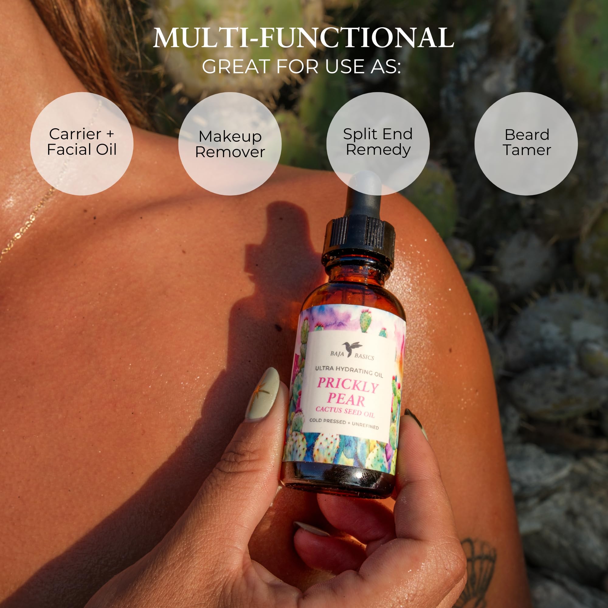 Baja Basics prickly pear seed oil for hair and beard tames frizz and adds shine.