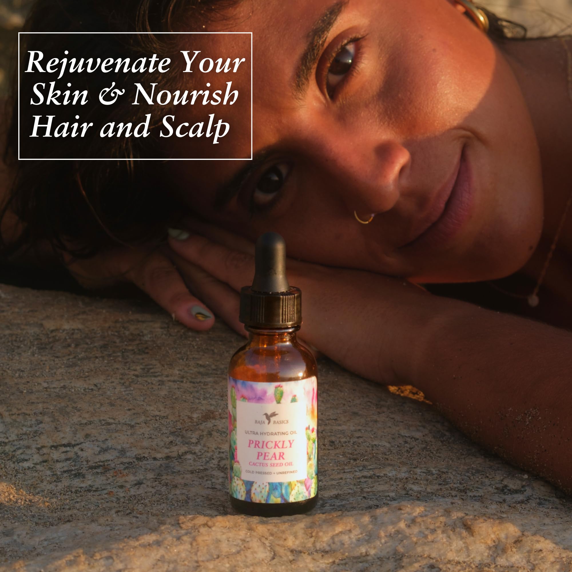 Baja Basics prickly pear seed oil texture — lightweight absorption for skin and hair.