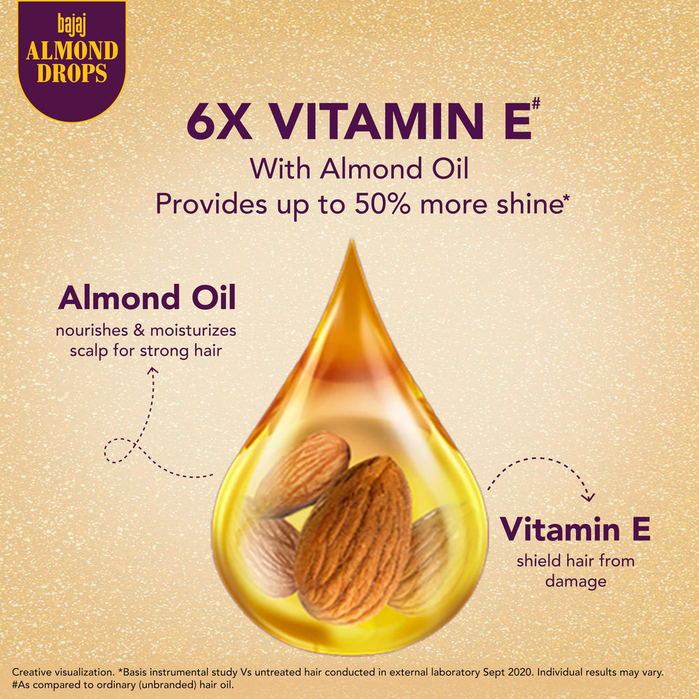 Amber glass Bajaj Almond Drops bottle signaling premium care and protection