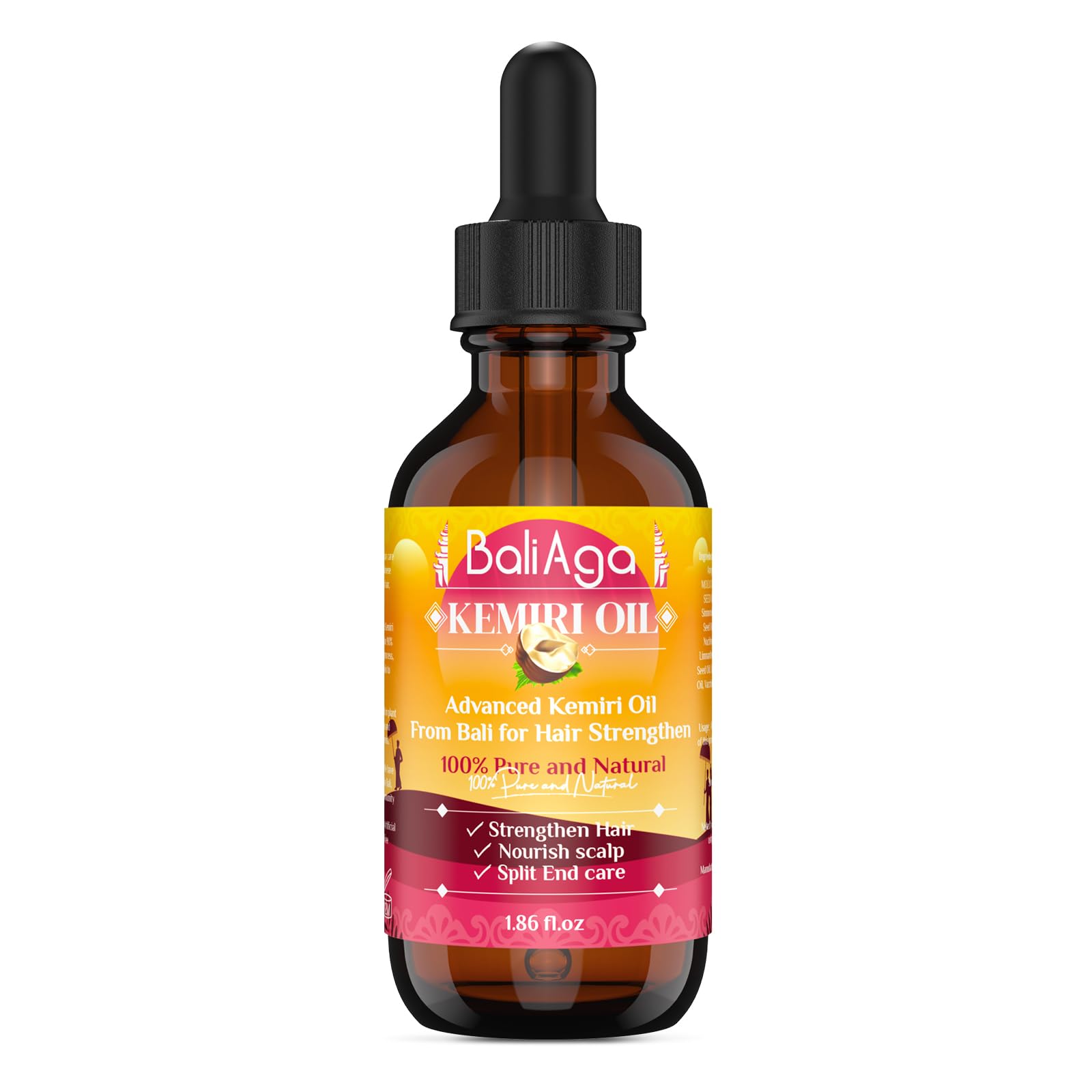 Bali Aga Kemiri Oil bottle visualizing a nourishing formula for dry hair