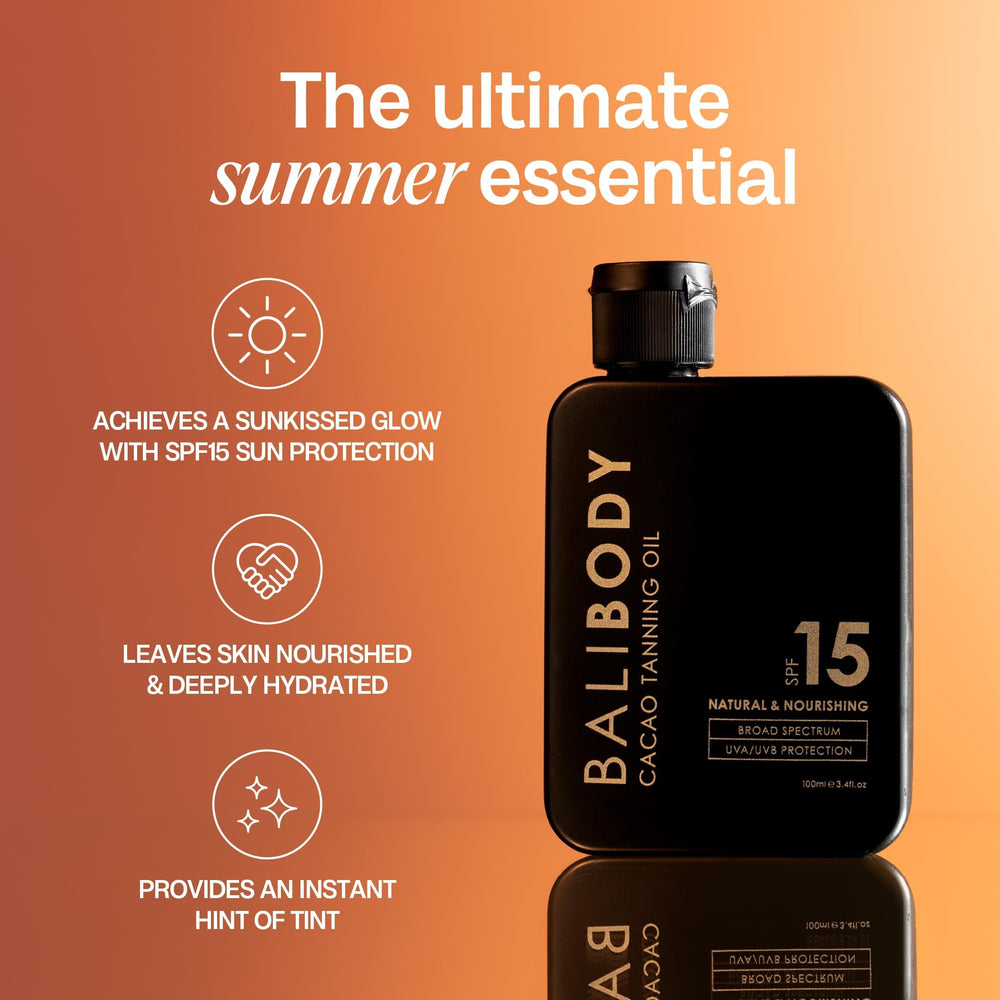 Bali Body Cacao Tanning Oil SPF15 ingredients include organic cacao and nourishing oils.