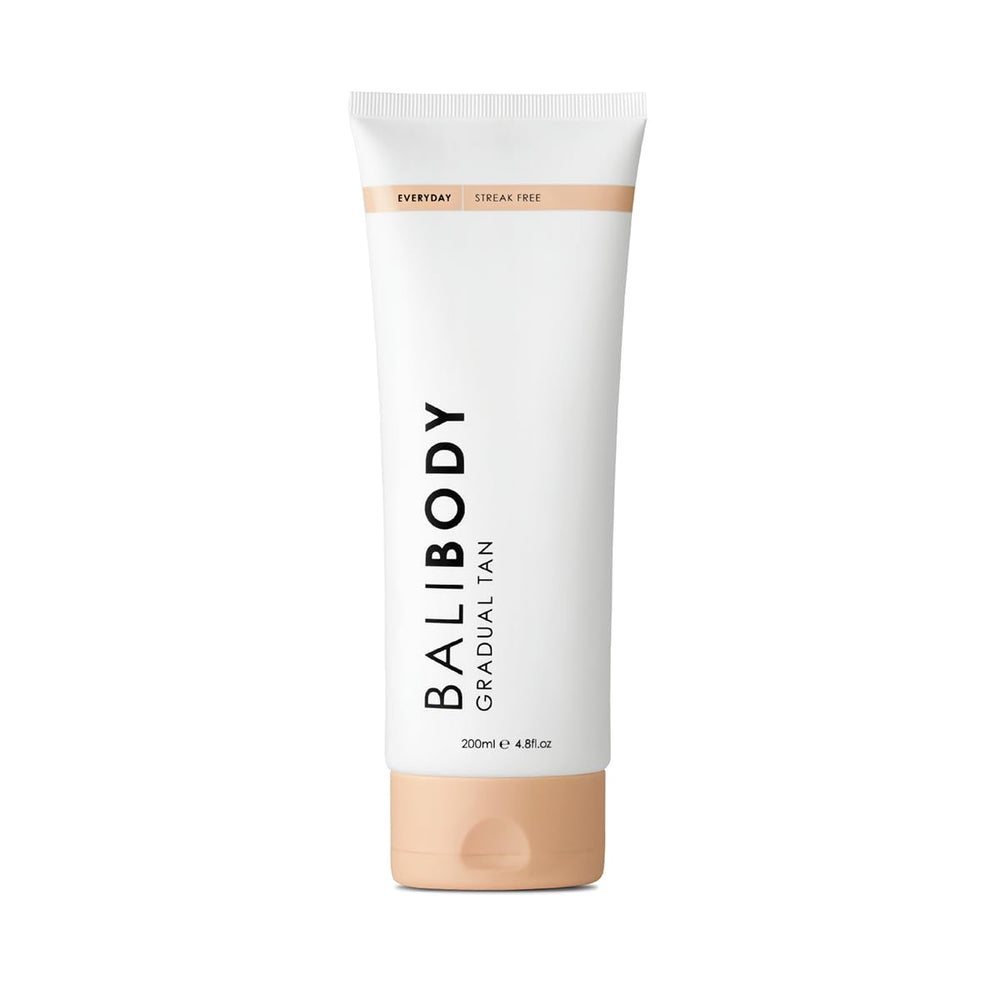 Bali Body Gradual Tan bottle pump showing easy, even application and hydrating formula.