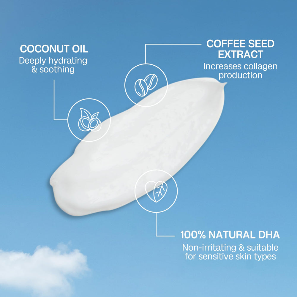 Bali Body Gradual Tan ingredients coconut oil, coffee seed extract and cocoa butter highlight nourishing formula.