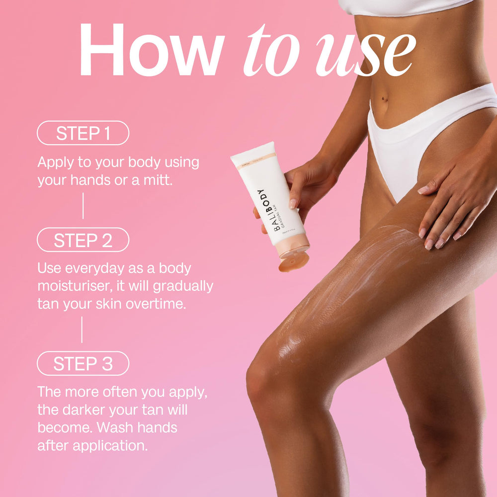 Bali Body Gradual Tan swatch on skin shows customizable shade for year-round glow.
