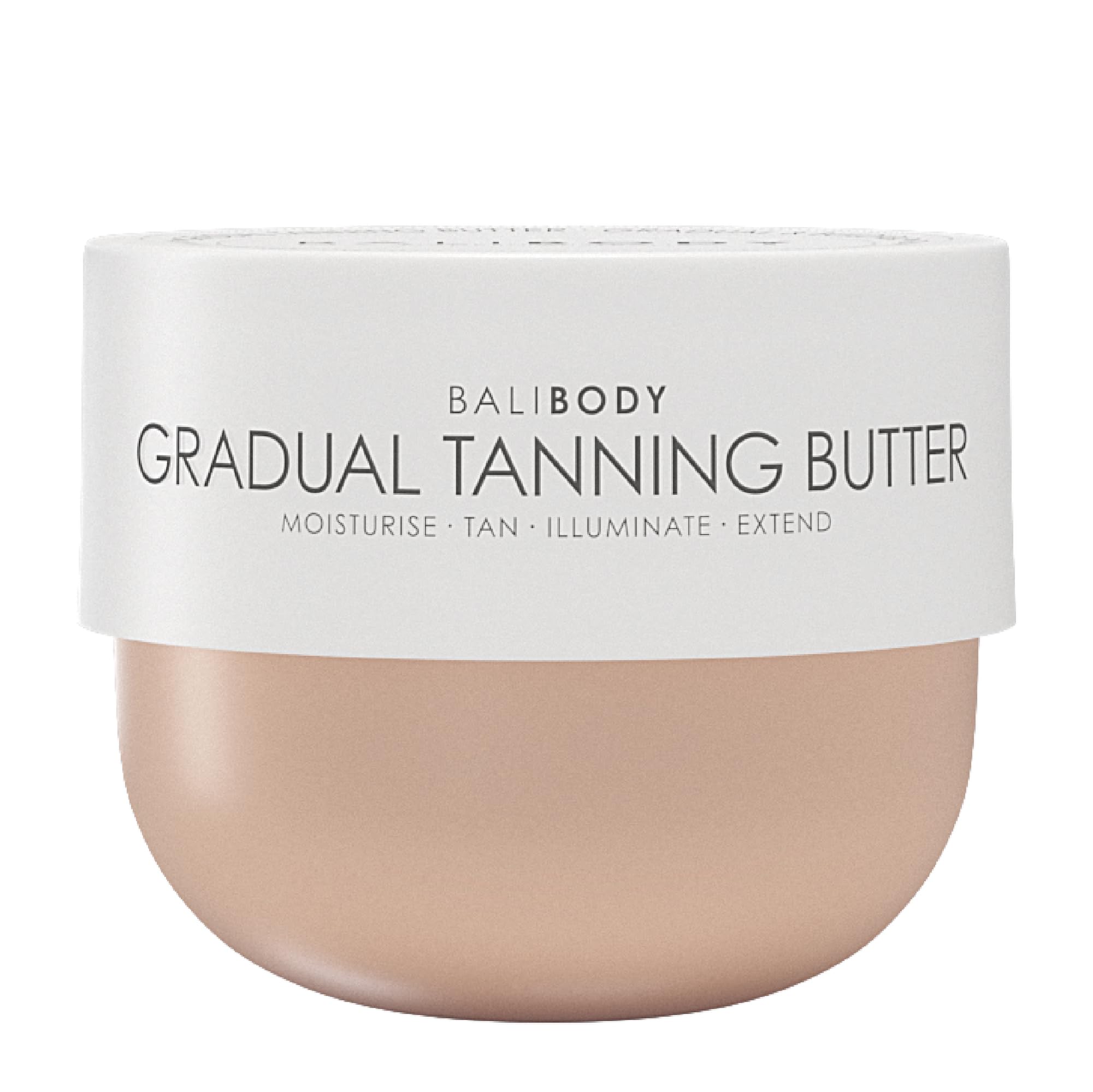 Bali Body Gradual Tanning Butter jar shows buildable self-tan for a natural glow