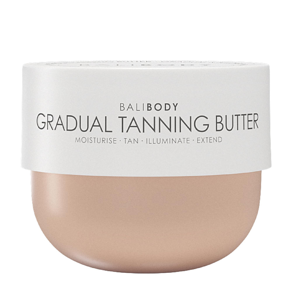 Bali Body Gradual Tanning Butter jar shows buildable self-tan for a natural glow