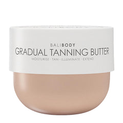 Bali Body Gradual Tanning Butter jar shows buildable self-tan for a natural glow