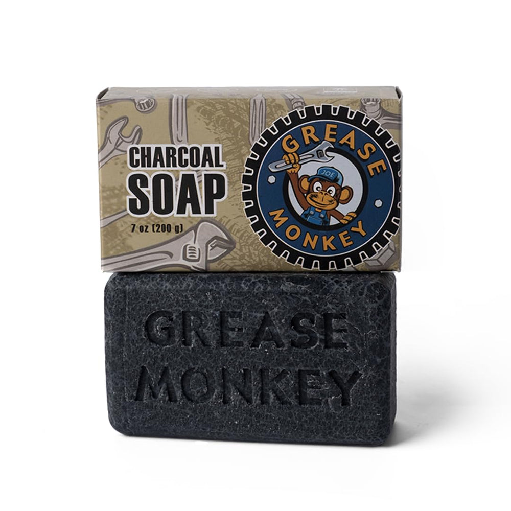 Bali Soap Grease Monkey bar close-up with charcoal for deep cleansing.